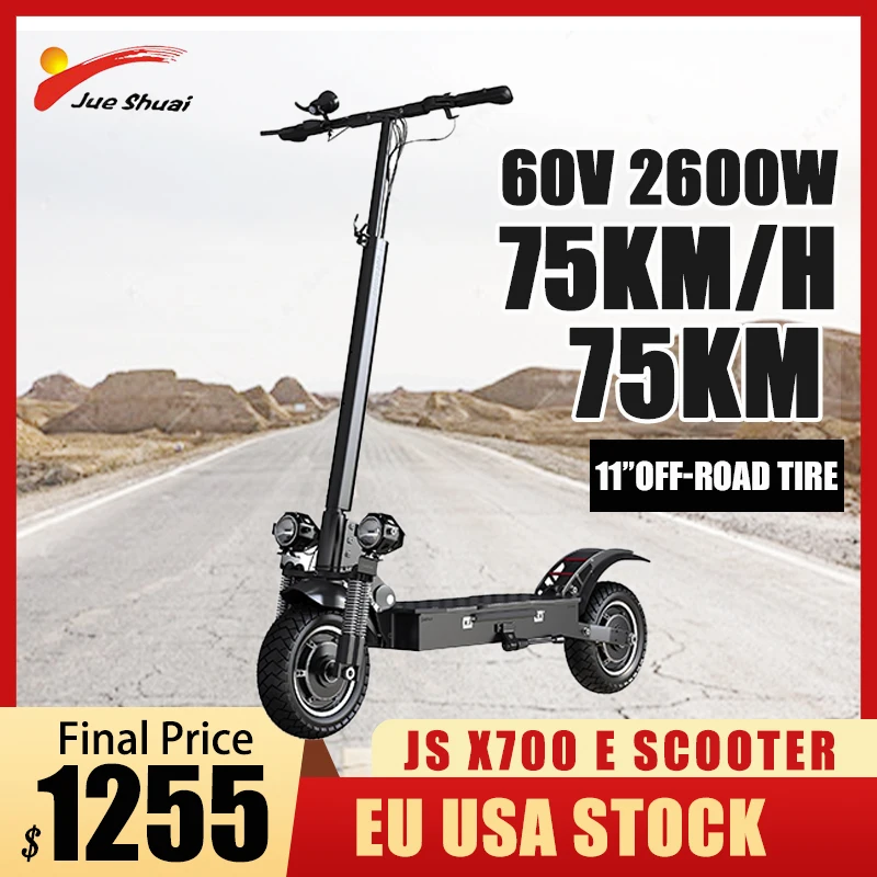 

JueShuai X700 Electric Scooter 60V 2600W Dual Motor, 75KM/H Top Speed, 75KM Mileages, E Scooter,электросамокат,10” Off-Road Tire