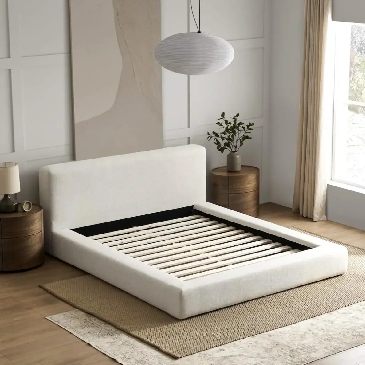 Minimalist Linen Fabric Bed Solid Wood Frame King Size Beds