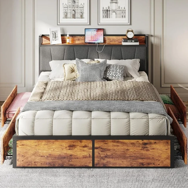 King Bed Frame with 4 Storage Drawers, Platform Bed with Charged