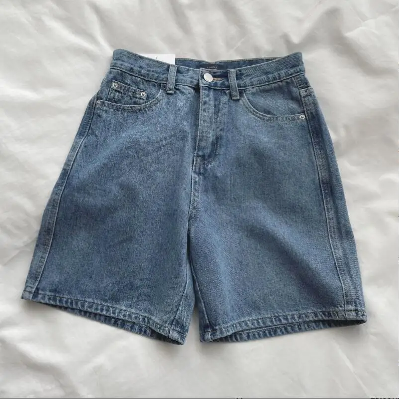 

2023 New Summer Women High Waist Blue Wide Leg Denim Shorts Casual Female Solid Streetwear Stright Jeans Shorts p976