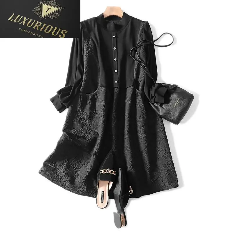 

Женские зимние платья, повседневные однотонные трапециевидные платья до колен с длинными рукавами и аппликацией, с круглым вырезом, в стиле ампир, осень 4XL