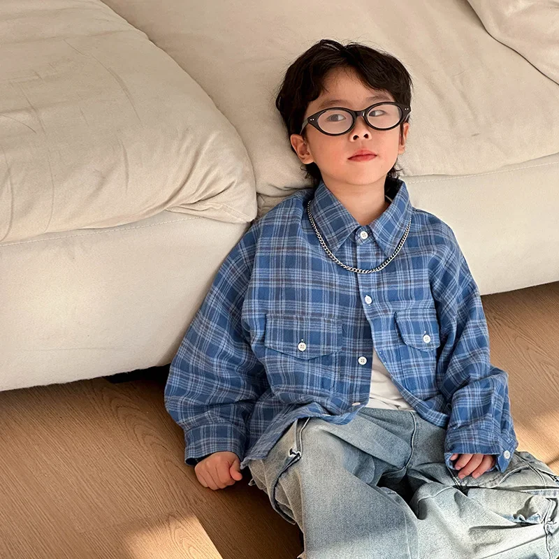 Blue Plaid Loose Shirt for Boys Spring Children's Fashion Versatile Top Middle Small Children Korean Version