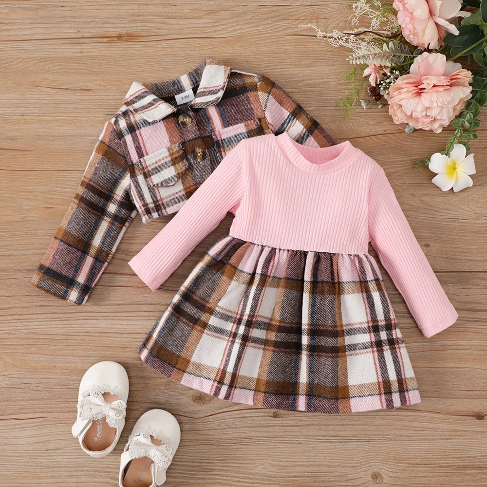 1-2 year old new baby girl spring and autumn patchwork dress with lapel plaid long sleeves and single breasted small jacket