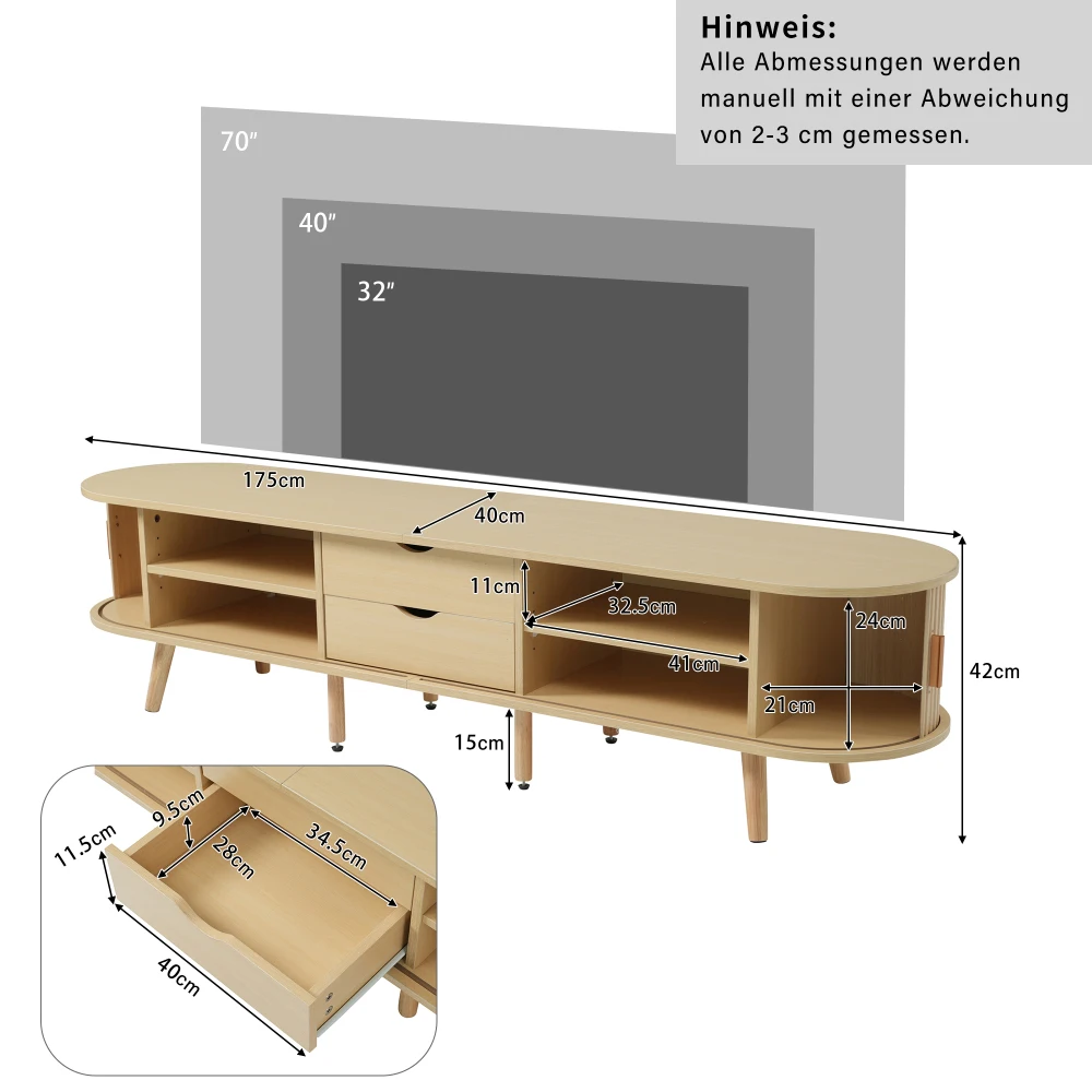 Wohnzimmer-TV-Schrank mit Stauraum + runder Tischplatte, MDF-Holzschnitzerei, 2 Schubladen, Tragfähigkeit 30 kg – Detail 9