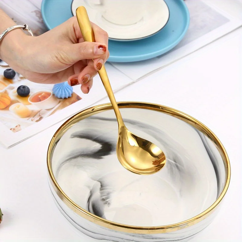 2pcs Golden Stainless Steel Large Spoons, for Hot Pot, Soup, Porridge - Long Handles, Elegant Kitchen & Dining Utensils,Spoon