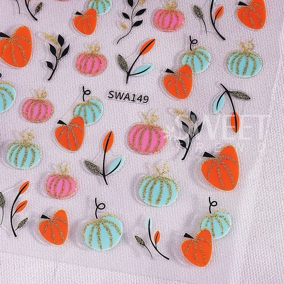 2pcs Glitter Pumpkin Nail Stickers Autumn Gold Edge Fall Leaves Designs 3D Self Adhesive Sliders Nail Decals DIY Manicure Decor