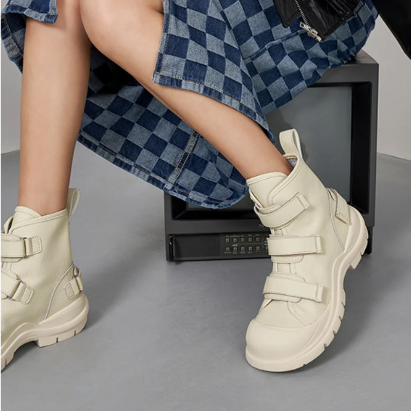 2023 New Classic Women Ankle Boots Autumn Winter Platforms Shoes Woman Fashion Lace-Up Genuine Leather Casual Knitting Boots