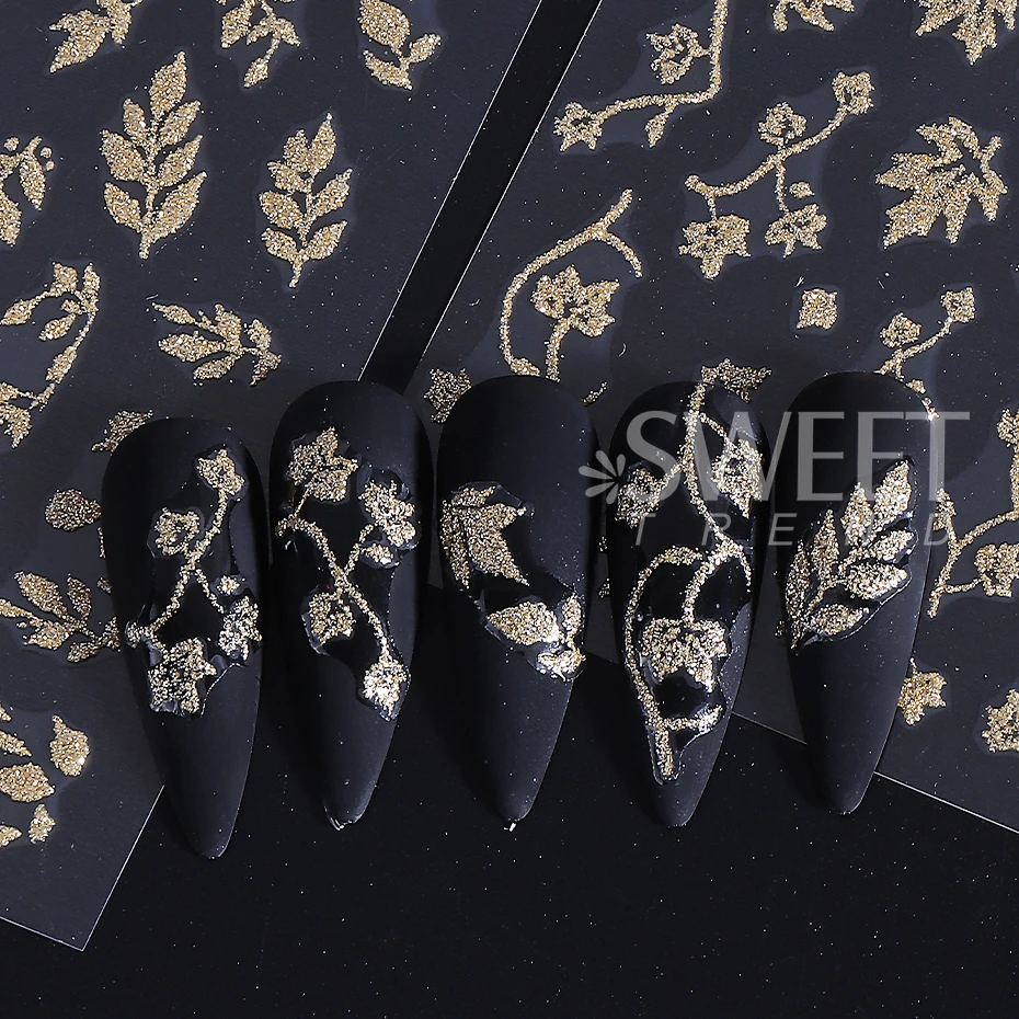 3pcs Glitter Gold Silver Leaf Nail Stickers Sparkling Simple Leaves Hibiscus Flower French Designs Nail Charms Decals Decoration