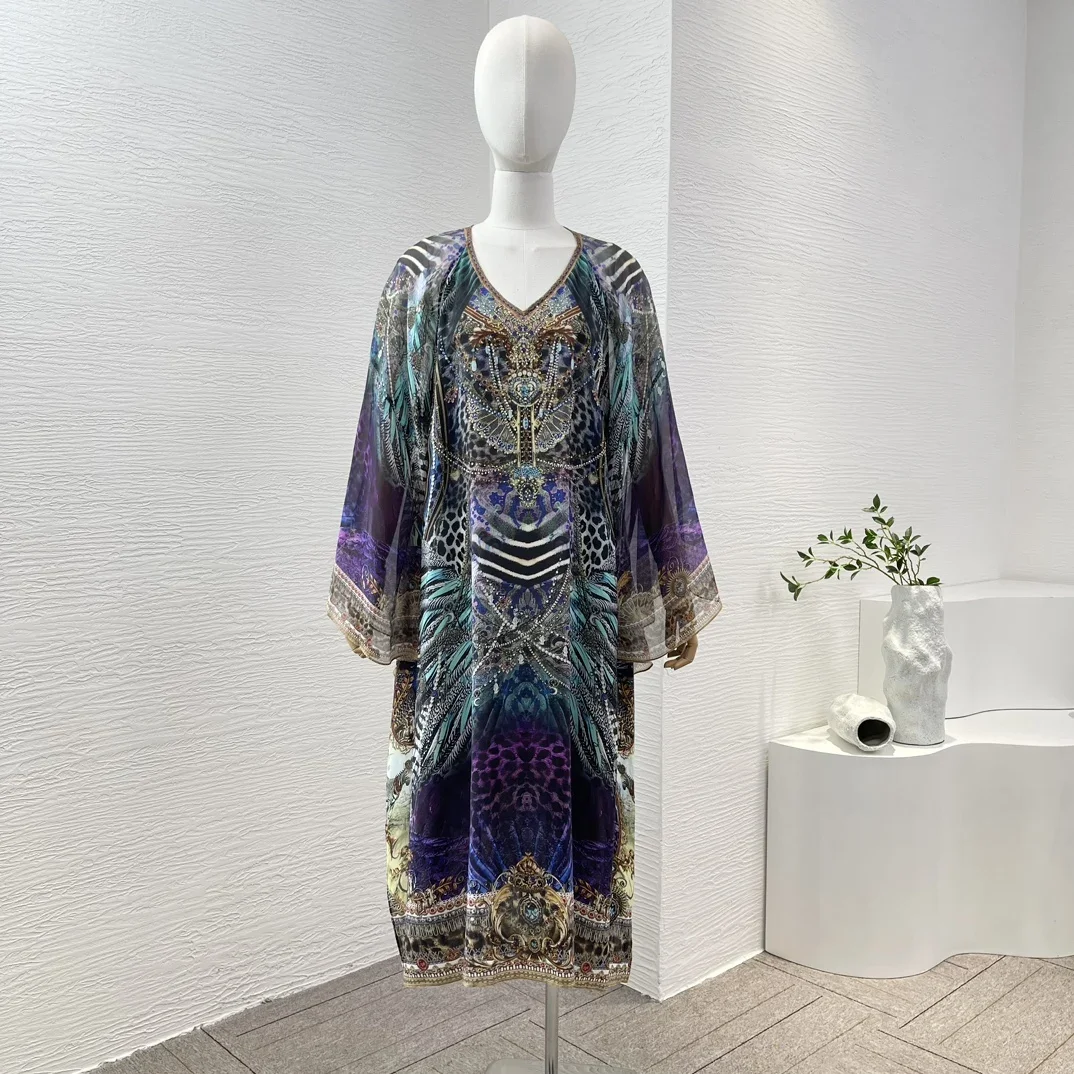

2024 New Collection Purple Blue Leopard Print Diamonds Pressed V Neck Oversize Loose Midi Dress Long Sleeve High Quality