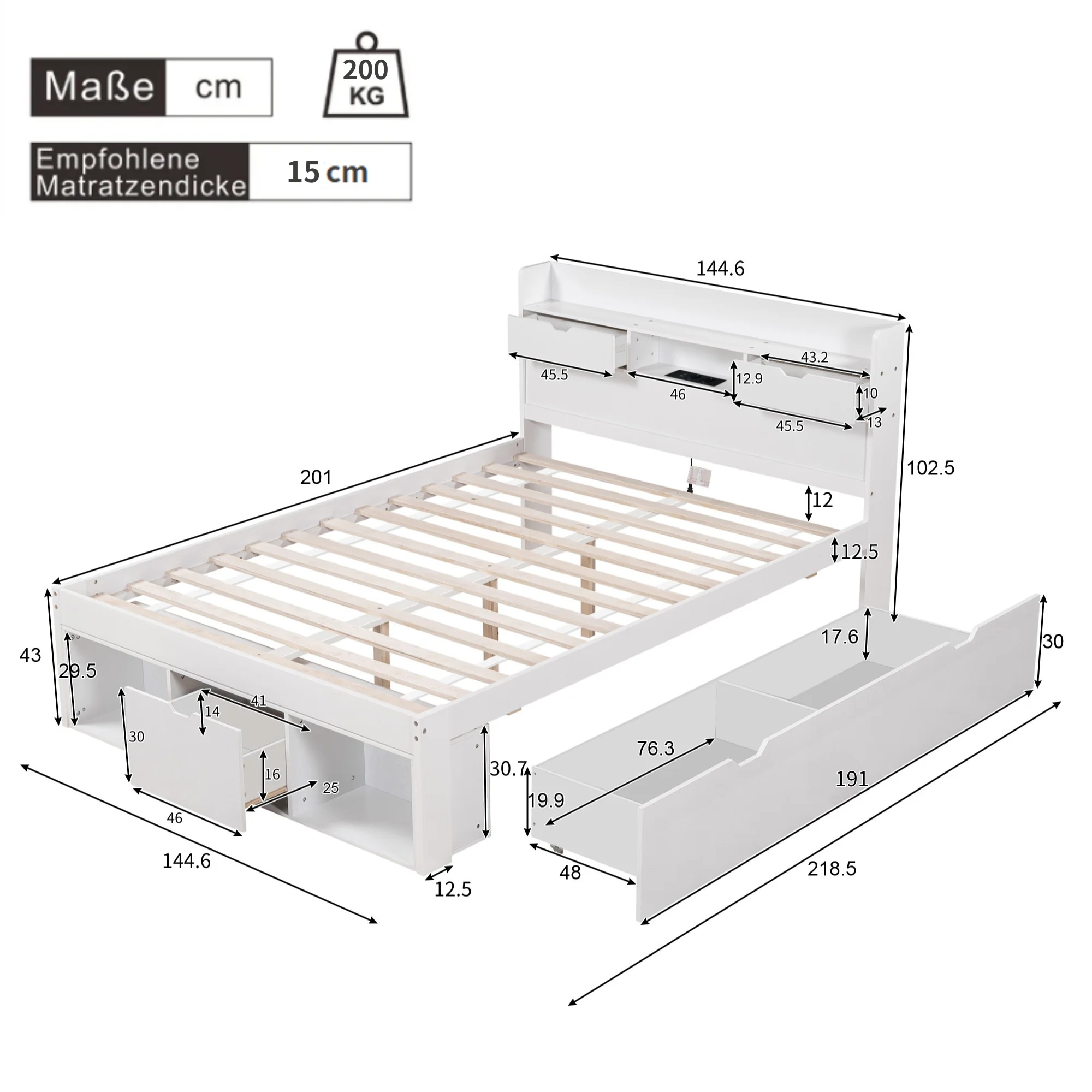 KOMHTOM Weißes multifunktionales Doppelbett mit USB Anschluss Schubladen und Stauraumschrank großer Stauraum ohne Matratze – Detail 8