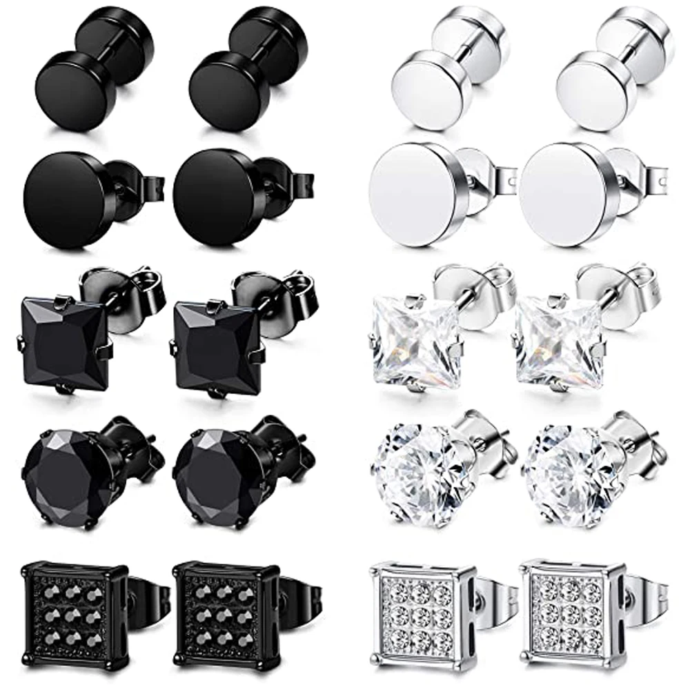 10 Pairs Stainless Steel Stud Earrings for Men Women Ear Piercing Ear