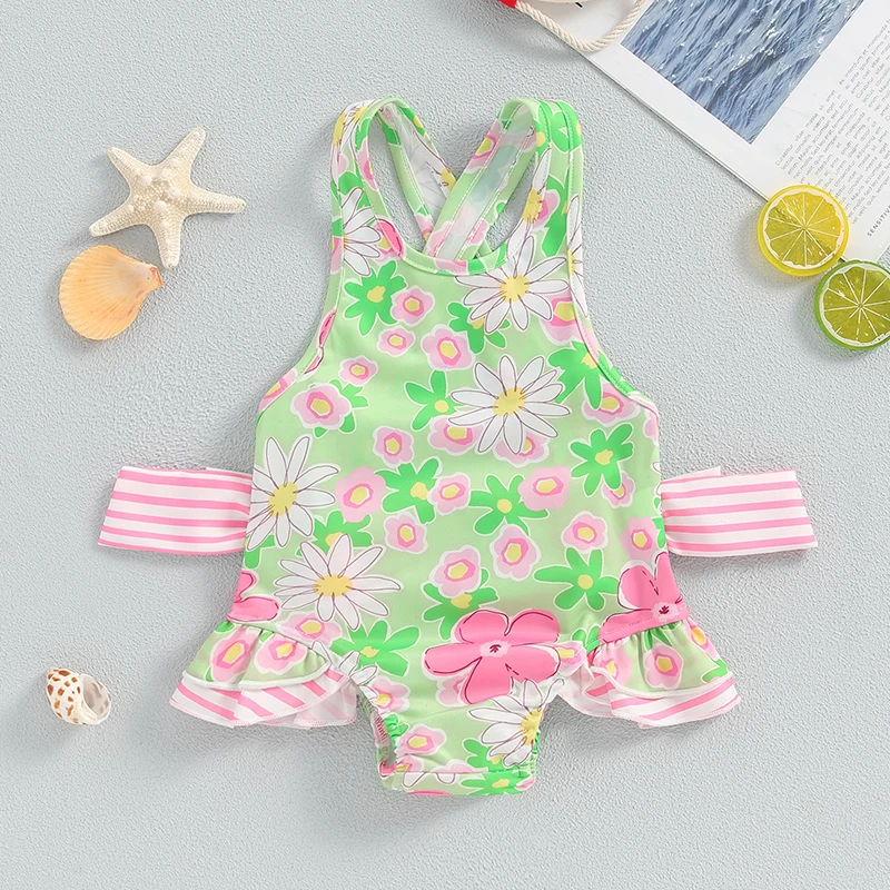 

2-6Years Little Girls Swimsuit Floral Print Sleeveless Swimwear with Bow Cute Ruffle Trim Bathing Suit Toddler Inafnt Beachwear