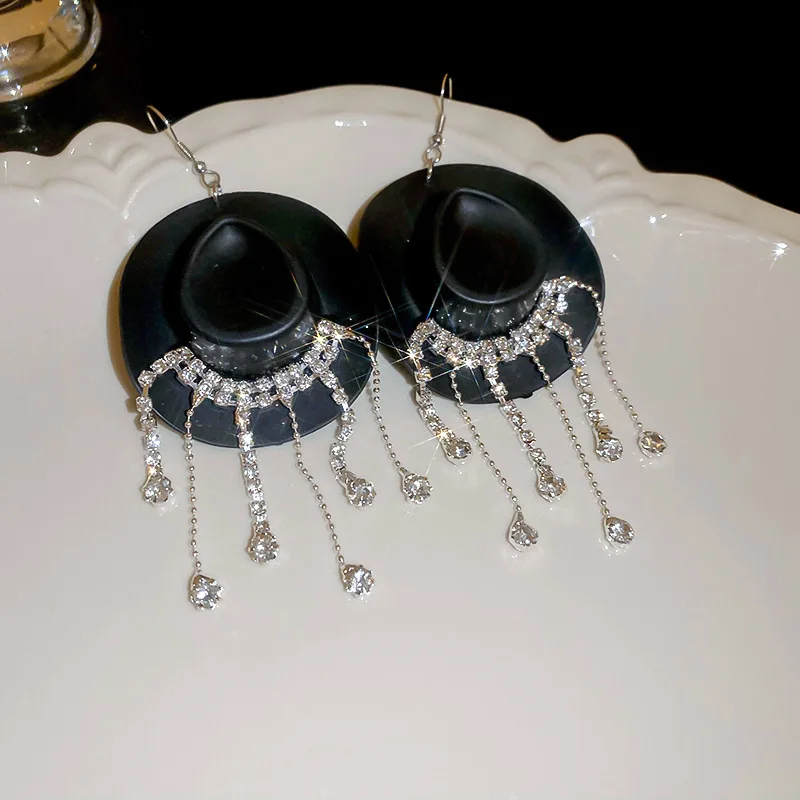 Orecchini Pendenti Cowgirl Con Cappello Western E Nappe Di Strass - 2 Pezzi In Lega Argento Per Donne, Regalo Originale