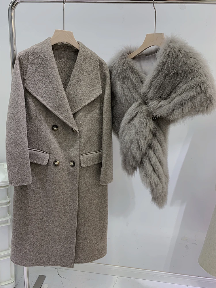 

Женское кашемировое пальто с мехом, шерстяное пальто с воротником из лисьего меха и манжетами, верхняя одежда для улицы, зима 2023
