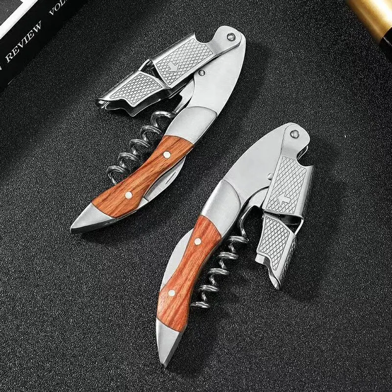 1pc Wine Opener Stainless Steel Wood Handle Wine Corkscrew Professional Portable Screw Corkscrew Multifunction Beer Cap Bottle