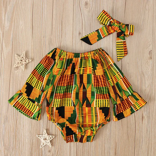 Toddler African Print Off Shoulder Romper+Headband Set Baby Girls Infant Outfits Cute Jumpsuit Hair Band Bodysuits Clothes 4