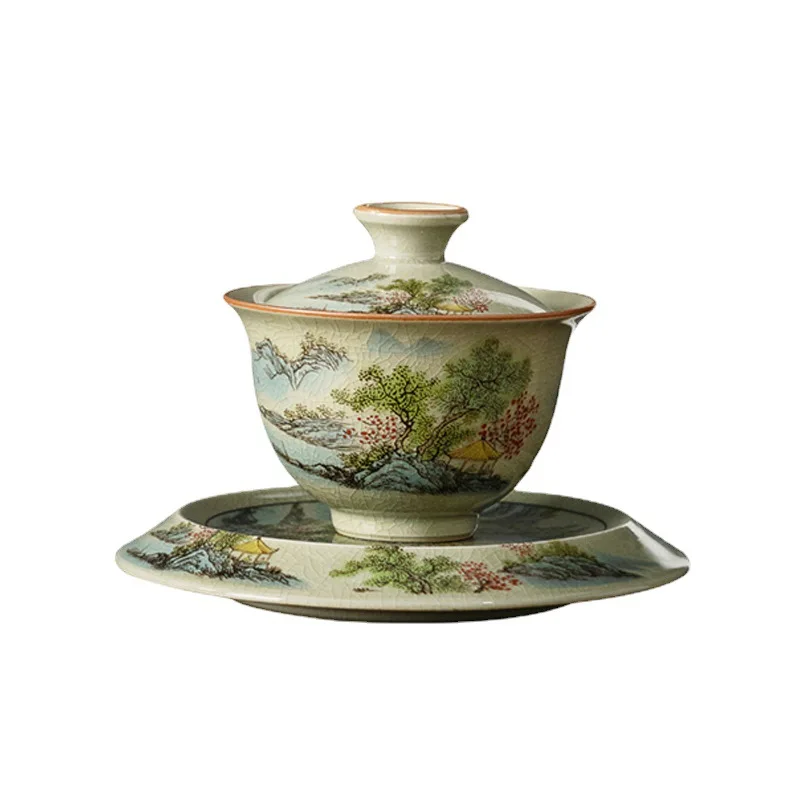 Retro Porcelain Gaiwan Pot Tray Tea Cup High-End Single Gaiwan Large Capacity Tea Making Hand-Held Cup Kung Fu Set