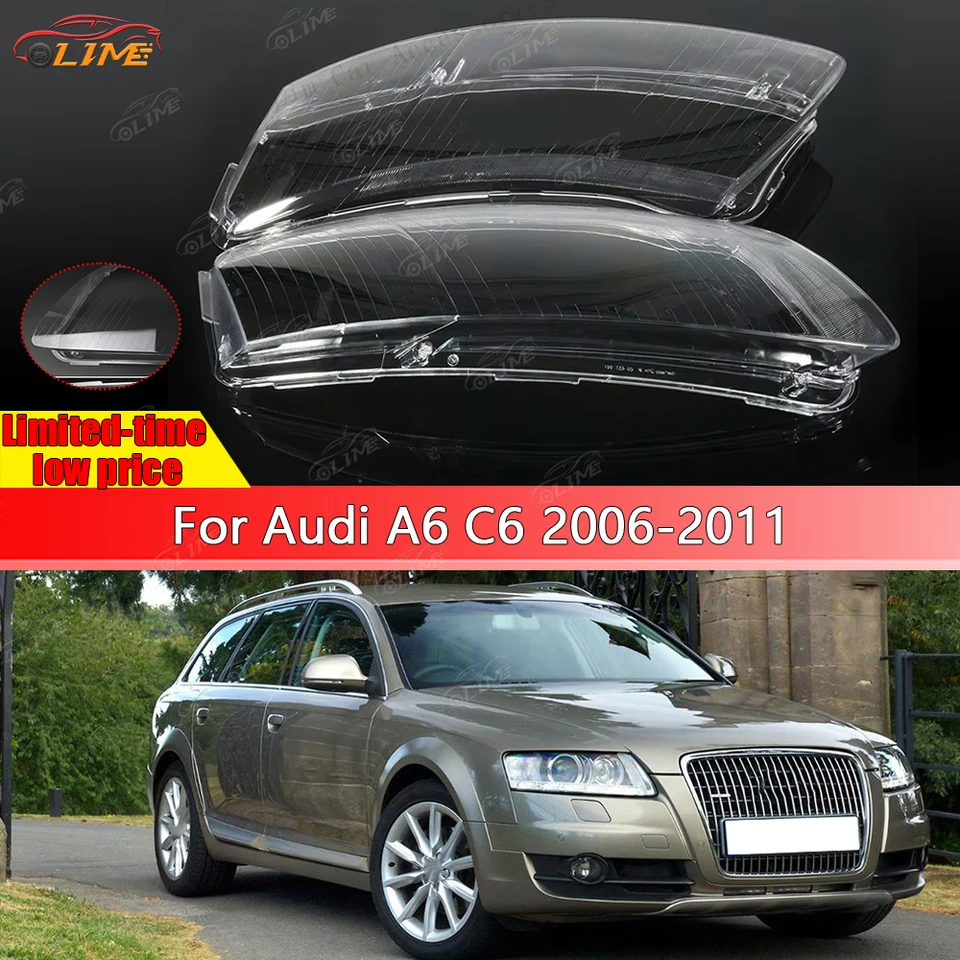 Clear Headlight Lens Covers Replacement For Audi A6 C6 2006-2011 – Pair Xenon Cap Lampshades, Front Left + Right
