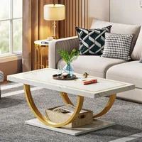 Coffee Table White Gold Engineered Wood Coffee Table with Faux Marble Veneer and Metal Frame Rectangle Coffee Table 1
