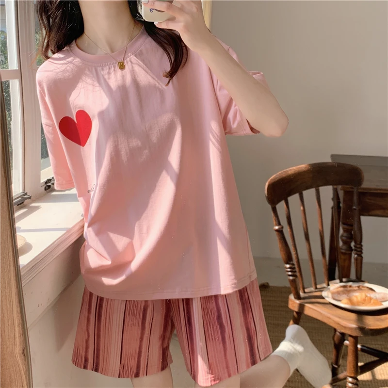 2023 Summer Thin New Knitted Cotton Double Short Round Neck Set Pajamas Women's Cartoon Cute Sweet Casual Home Furnishings