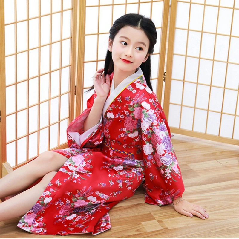 Japanese Kimono Children Kimono Traditional Japanese Style Floral Yukata Dress Kids Obi Vintage Samurai Halloween Cosply Costume Haori Outfit