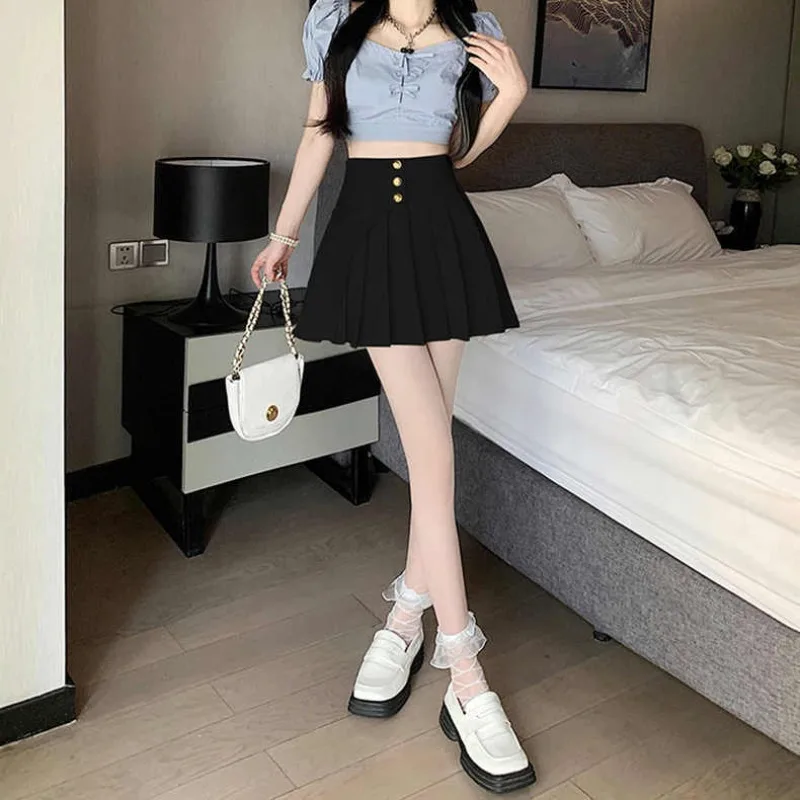 Sweet Fashion Versatile Spring Summer New Skirts Women Solid Folds Single Breasted Irreg Korean Casual High Waist A-line Skirt