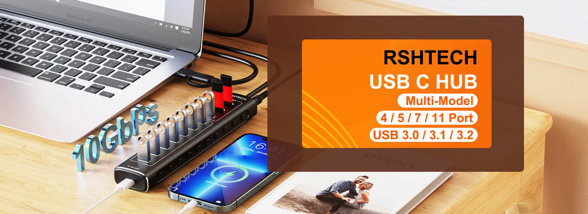 Hub USB Alimenté，RSHTECH Aluminium USB Hub 3.0 à 7 Ports Multiprise USB 3.0  avec 5V/2A Alimentation Externe Multi Port USB Hub, 5 Gbit/s, Commutateurs  Individuels et Indicateur LED-Noir（RSH-518） : : Informatique