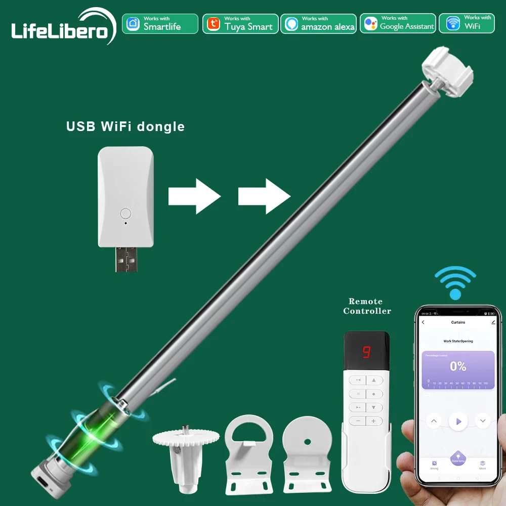 Lifelibero-tuya Wifi Bateria Cortinas Inteligentes Motor Persianas Cortina Elétrica Sombra para Tubo 20 25 28 mm Trabalho de Automação Alexa