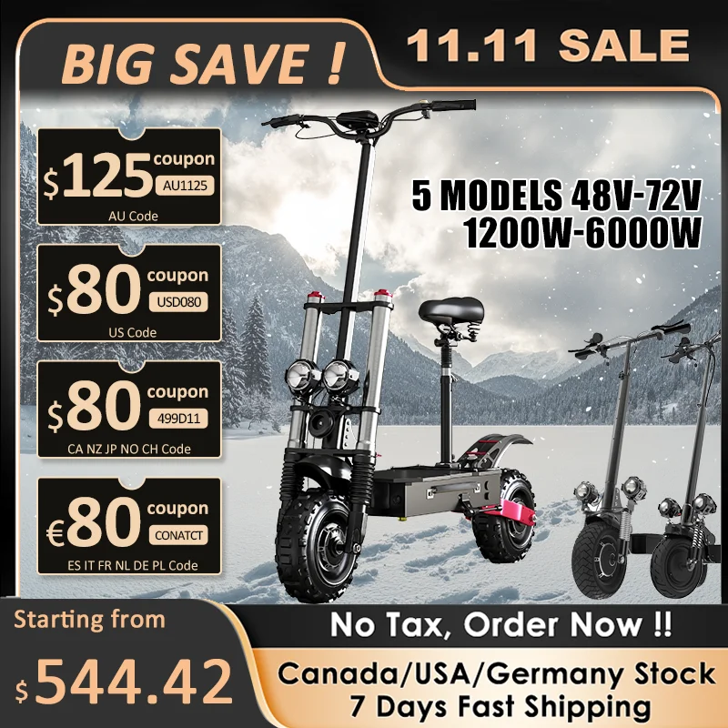 Electric Scooter 1200W-6000W Dual Motor 11" Off Road Tire 100KM 55-85KM/H Speed Adult EU US STOCK Patinete El&eacute;ctrico