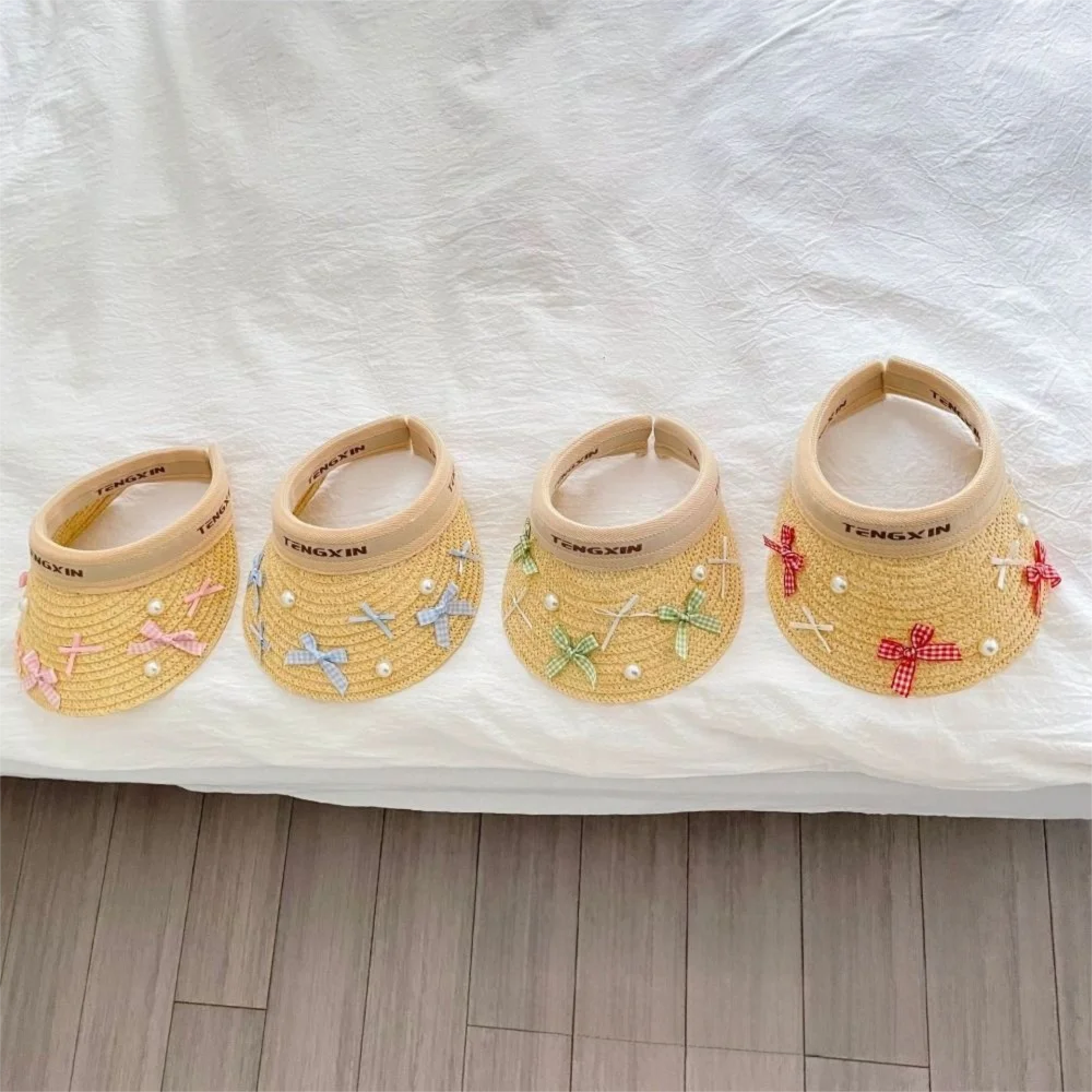 Bowknot Kids Summer Straw Hat Wide Brim Empty Top Large Brim Sun Visor Cap UV Protection Breathable Empty Top Baseball Cap