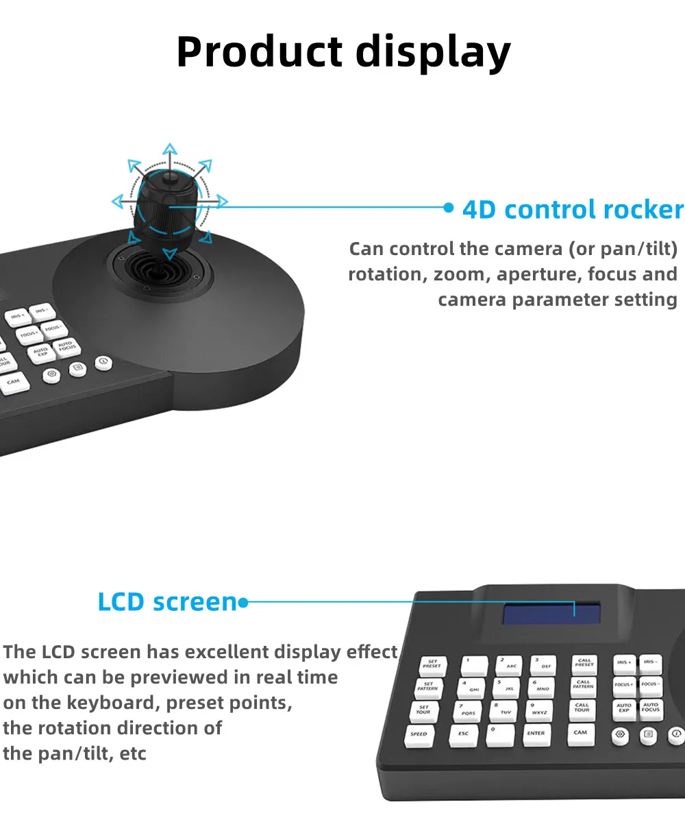 Camera Joystick Controller 4D LCD Screen RS485 Onvif Pelco-d Pelco-p 4D PTZ Controller for Broadcast Church Live Streaming
