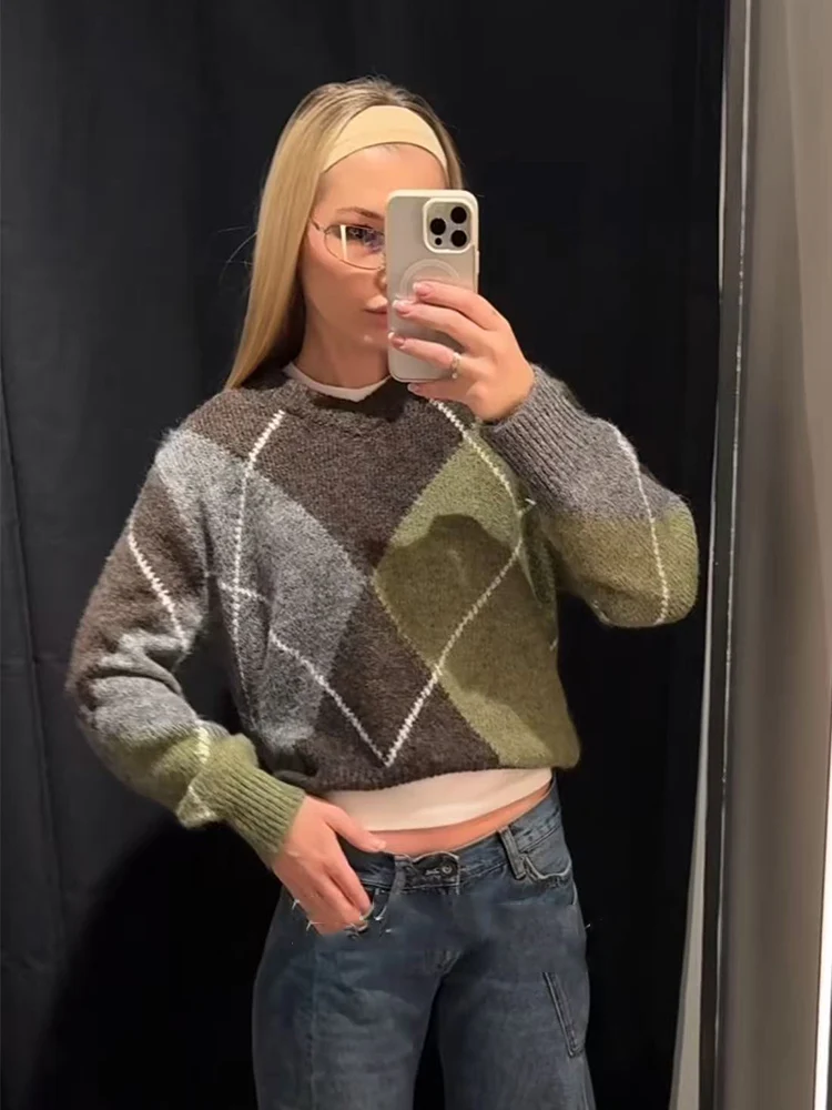  Women's Chic Argyle knitted Sweater V-Neck Long Sleeves Pullover Vintage Casual Knitwear Autumn Winter Fashion Knit Tops