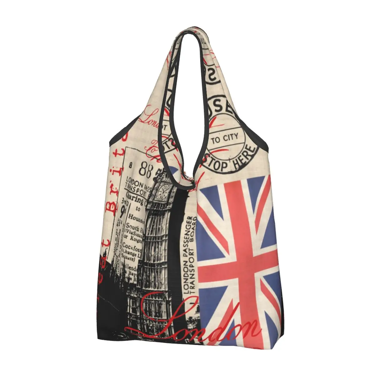

Custom Retro Vintage London Shopping Bags Women Portable Large Capacity Grocery UK British Flag Shopper Tote Bags