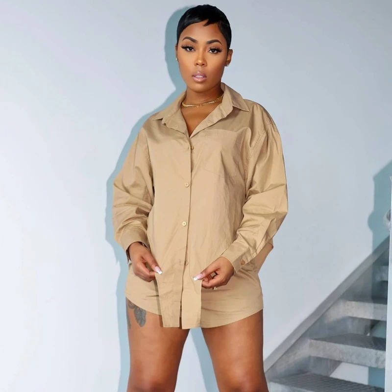 

Two Piece Sets Loung Wear Tracksuit Women Shorts Set Solid Long Sleeve Shirt Tops And Waist Loose High Mini Shorts Summer