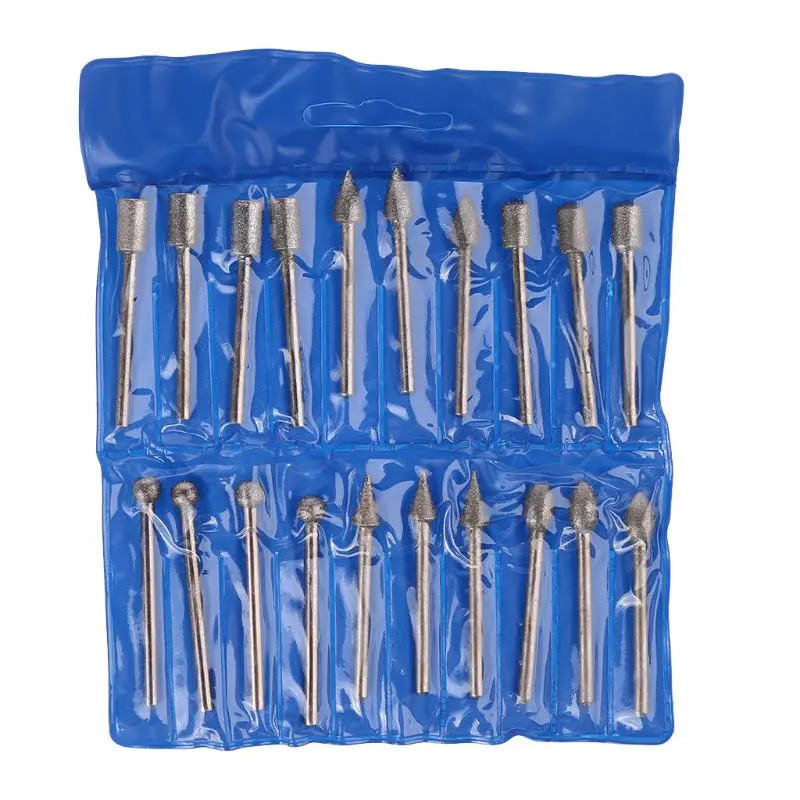 

20 Pieces Diamond Burr Set Rotary Grinding Burrs Drill Bits Set with 3mm Shank Diamond-Coated Stone Carving Accessories