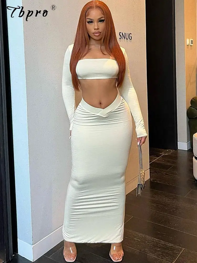 

Women Sexy Breast Wrap Square Collar Crop Skirt Set Female Long Sleeve Skirts Bodycon Two-piece Sets 2023 Lady Party Club Suit
