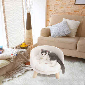 Luxury Cat Bed Soft Warm Plush Fabric Pet Nesting Chair Bed Stool Wood Legs with Cushion Pad Washable Waterproof for Small Pets 3