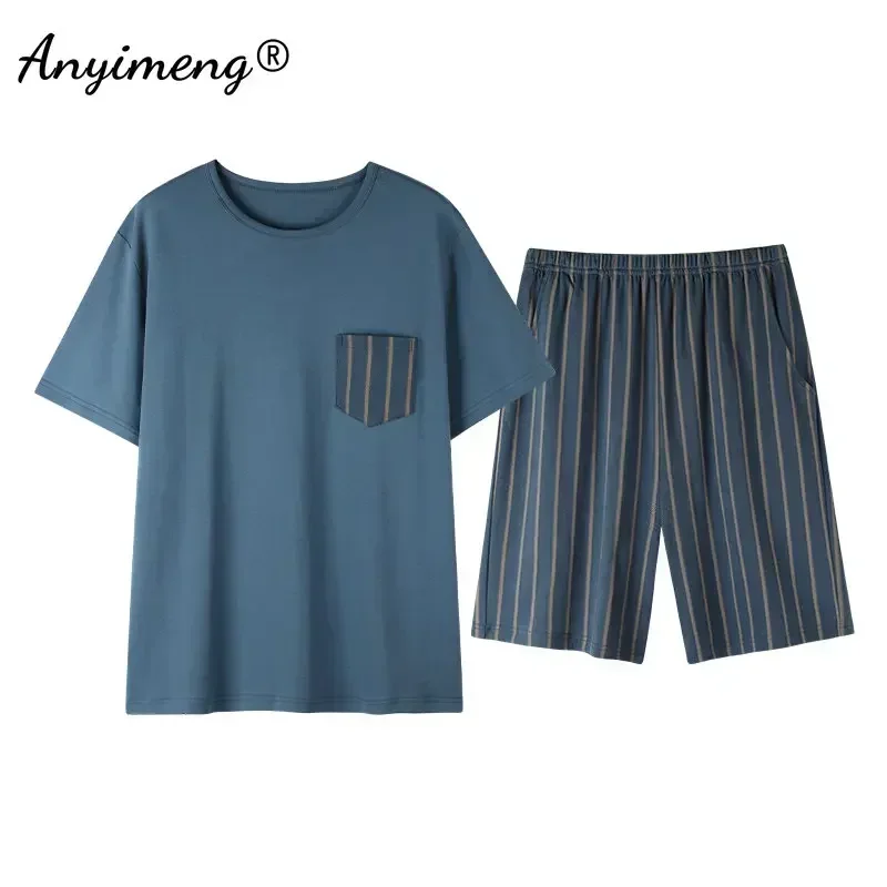 Pajama Sets L-4XL Mens Cotton Sleepwear Summer Shorts Short Sleeves Homewear for Man Casual Male Pajamas 2 Pieces Set