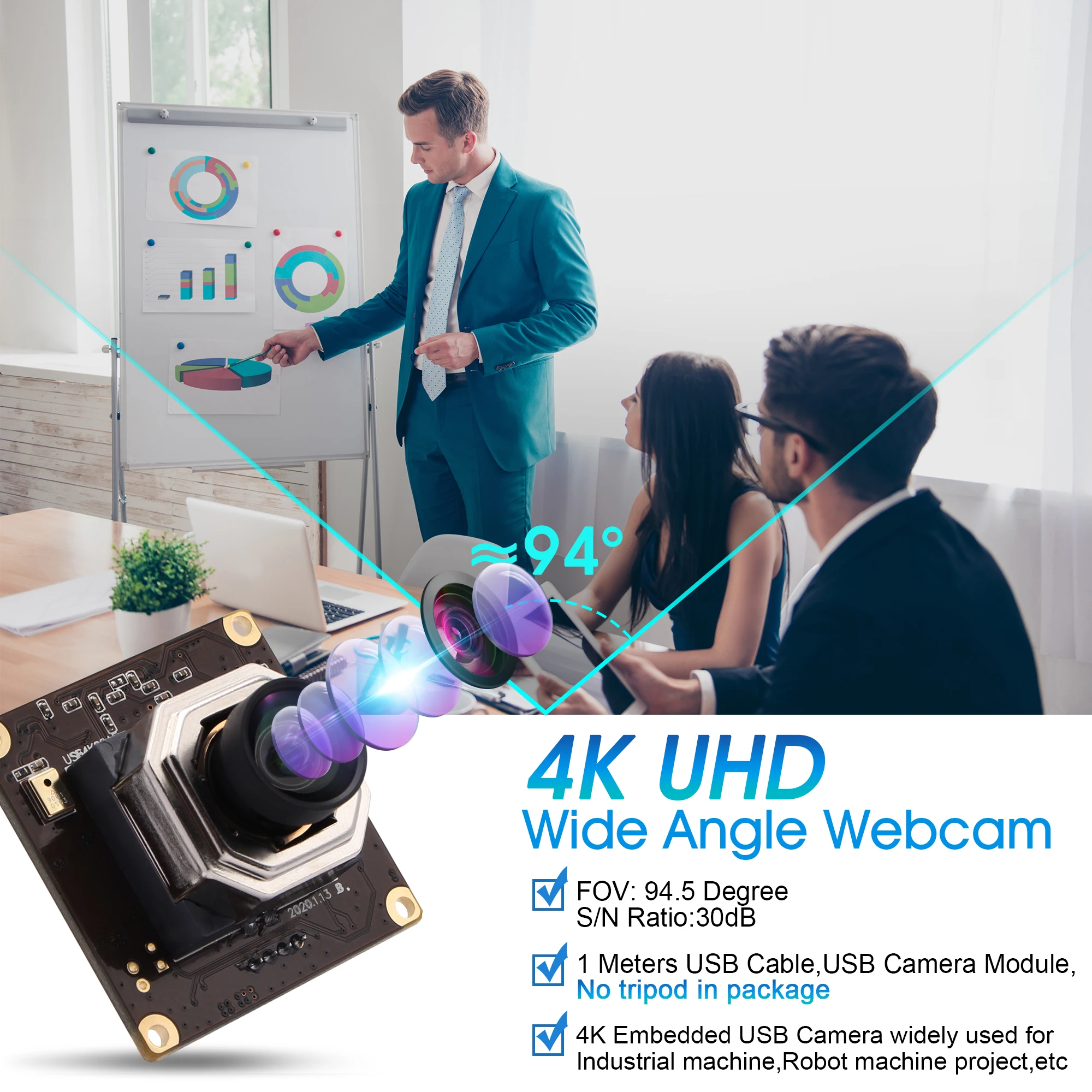 ELP 4K USB 카메라 자동 초점 무 왜곡 렌즈, IMX415 웹캠 모듈 마이크, 화상 회의 온라인 교육용, 100 도
