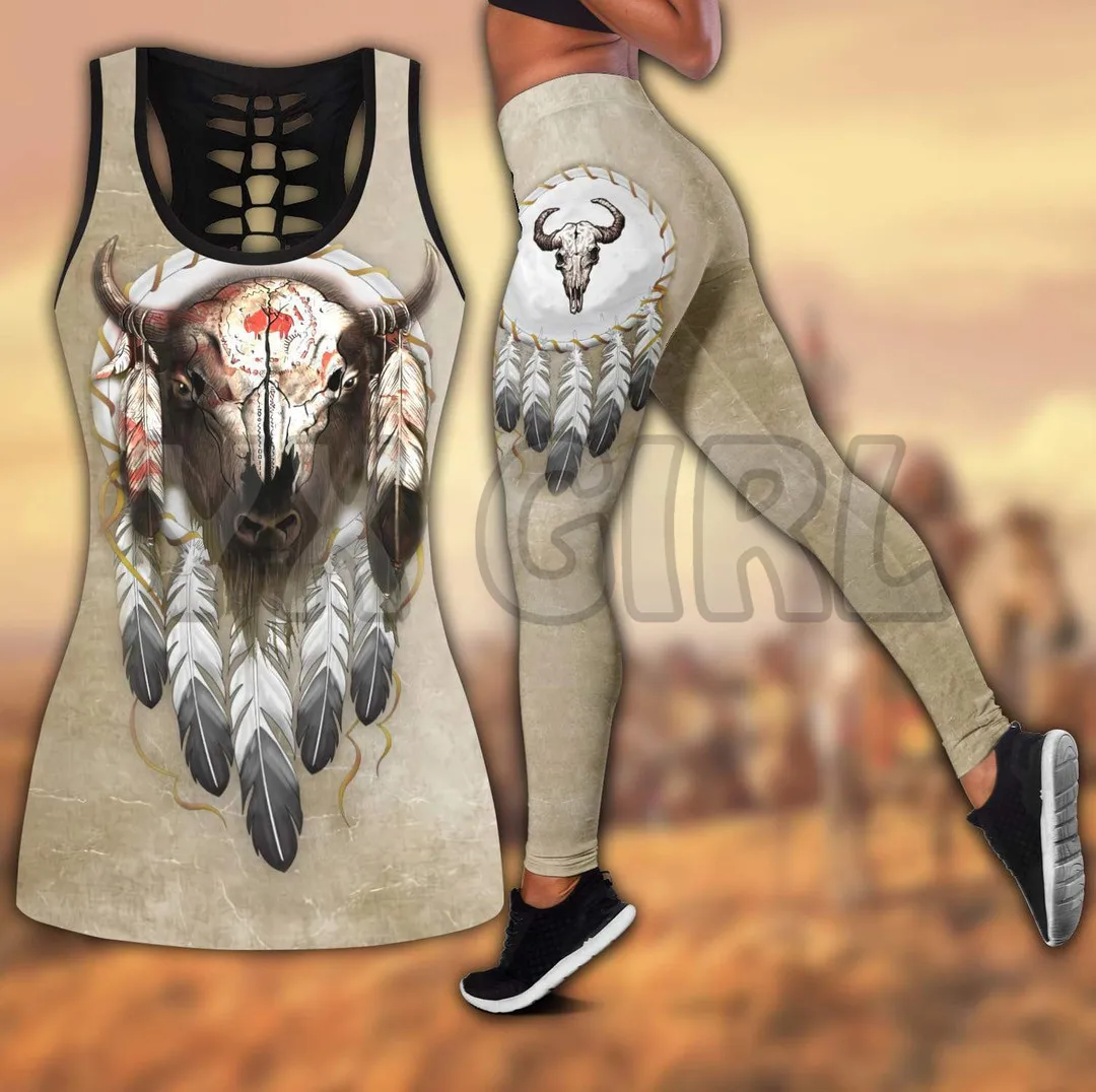 Buffalo Head Pattern Native 3D Printed Tank Top+Legging Combo Outfit Yoga Fitness Legging Women edible mushroom pattern yoga set 3d all over printed tank top legging combo outfit yoga fitness legging women