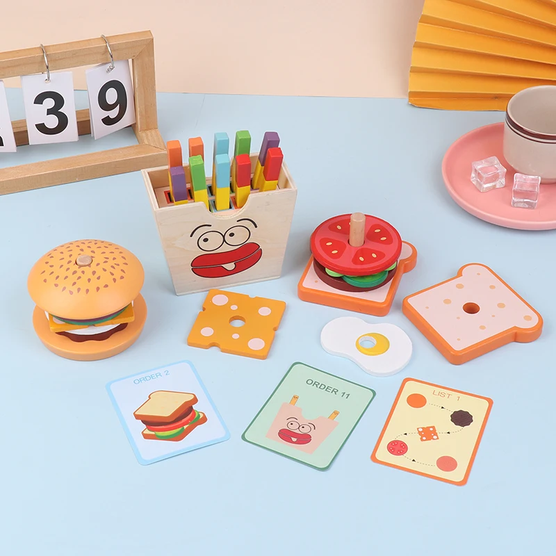 Montessori Toy For Kids,Wooden Hamburger Sandwich French Fries Sorting Stacking Toys, Preschool Learning Pretend Play Food Toy