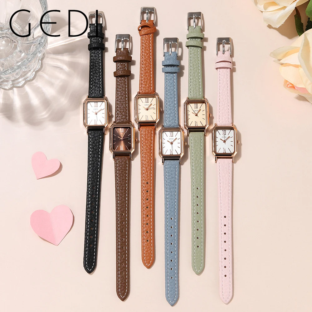 Fashion Gedi Top Brand Waterproof Rectangle Small Women Watches Vintage Coffee Leather Strap Casual Quartz Ladies Wrist Watches 6