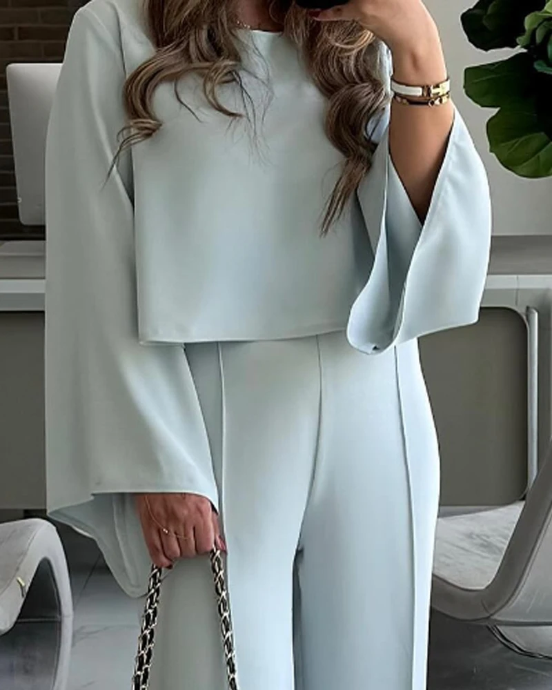2025 Spring 2 Pieces Round Neck Bell Sleeve Top and Casual Loose Fit Pants Set 3