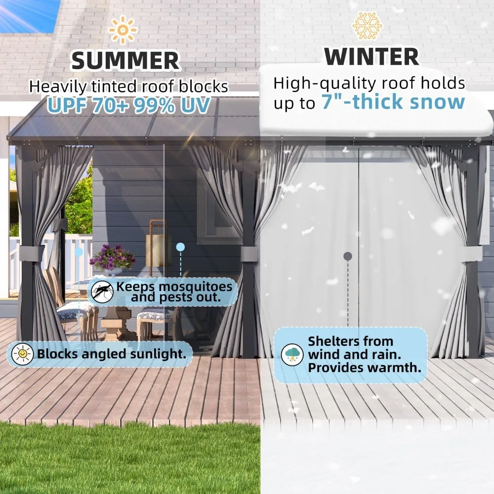 20' X 12' Gazebo for Patio, Large Wall-Mounted Lean to Pergola Gazebo with Curtains and Netting, 12x20 Hard Top Gazebos 4