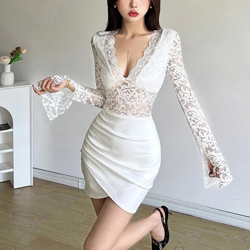 Sexy Party Dress Women Aesthetic V Neck Lace Patchwork Long Sleeve Bodycon Mini Dress Evening Club Dresses Clubwear