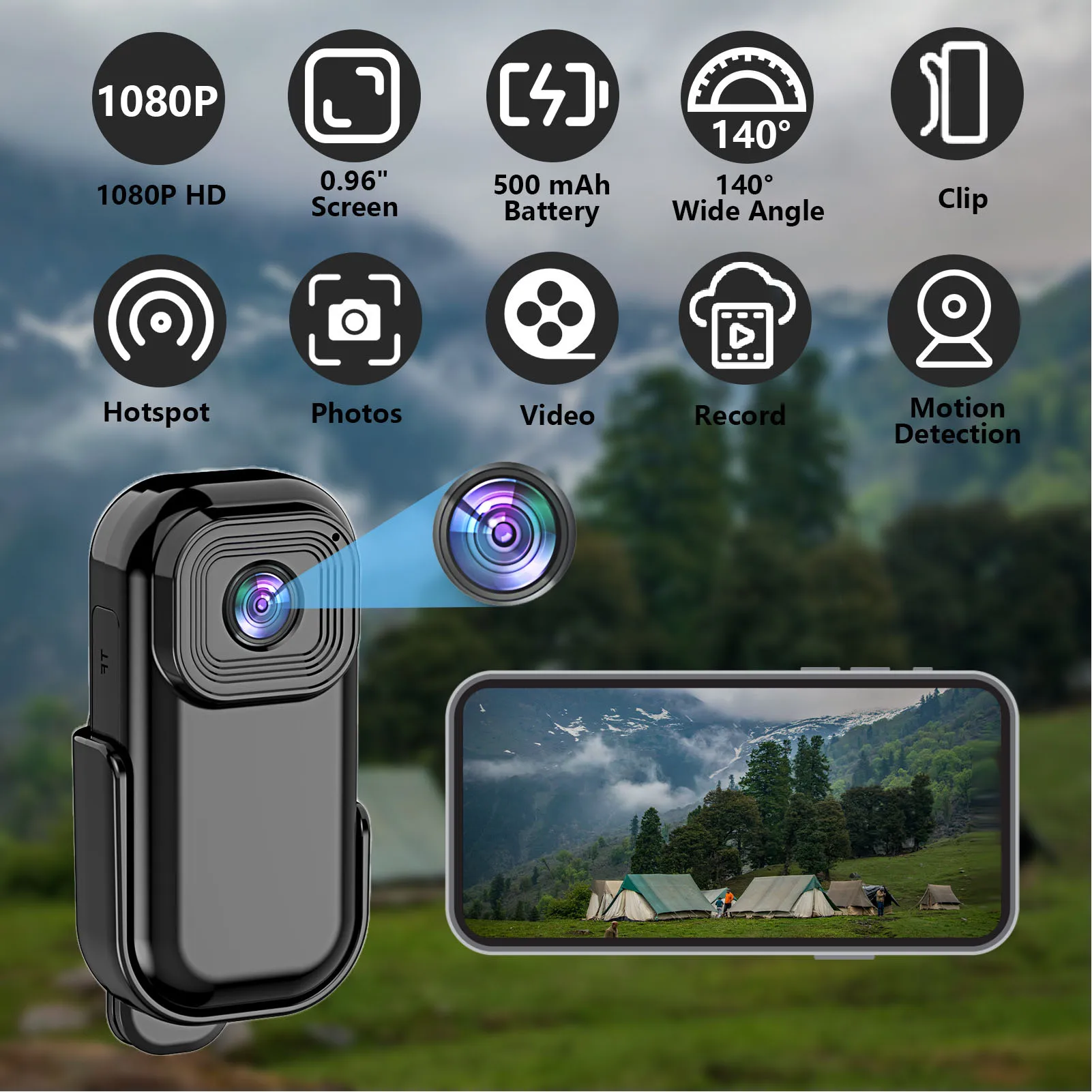 Mini caméra d'action avec écran couleur 1080p, base magnétique, WiFi 2,4 Hz, enregistrement en boucle, stabilisation anti-tremblement, batterie 500 mAh._voghion.com