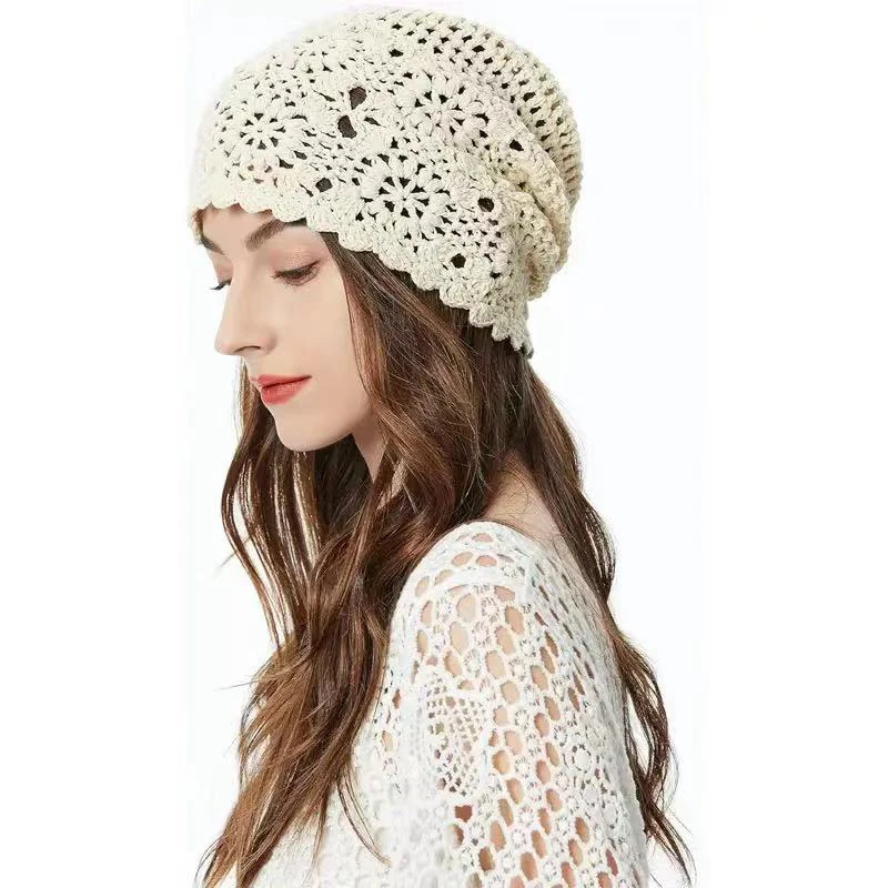 Handmade Crochet Hollow Head Japan Knit Cap Spring Summer Retro Casual Turban Fashion Melon Mesh Hat Pullover Hat Breathable 3