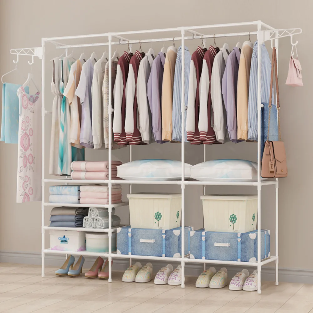 Double Row Clothes Rack Simple Assembly Home Storage Shelf Large Capacity Coat Wardrobe Hangers Bedroom Clothes and Shoes Stand clothes rack