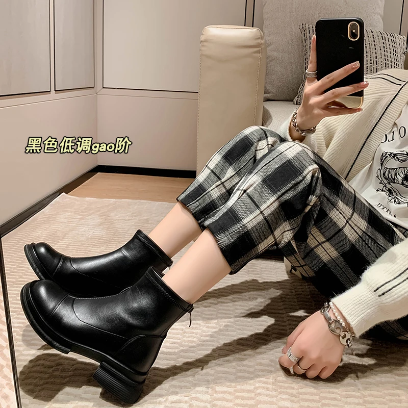 

Autumn and winter Women ankle boots natural leather 22-25cm cowhide+pu elastic boots side zipper modern boot ladies shoes