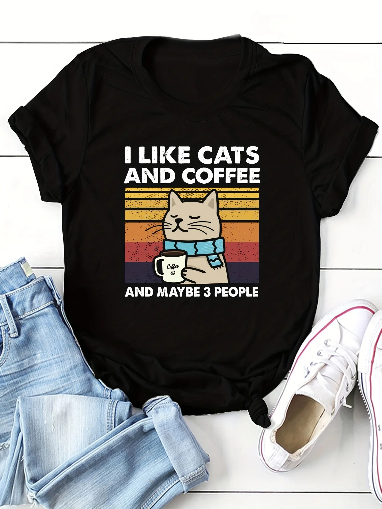 Cat & Coffee Print T-shirt, Casual Crew Neck Short Sleeve T-shirt, Women’s Clothing Best Sellers In Women's Clothing